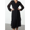 Women Fashion Stylish Midi Length V Neck Regular Ruffle Chiffon Woven Dress