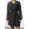 Women Fashion Stylish Mini Length Double Breasted Regular Polka Dot Patterned A Cut Collar Lined Chiffon Woven Dress