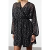 Women Fashion Stylish Mini Length Double Breasted Regular Polka Dot Patterned A Cut Collar Lined Chiffon Woven Dress