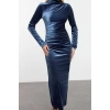 Women Fashion Stylish Midi Length Stand Collar Slim Plain Gather Drape Detail Bodycone Fitted Knitted Dress