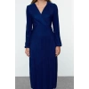 Women Fashion Stylish Midi Length Double Breasted Regular Pleated Lined Wrap Flexible Knitted Dress