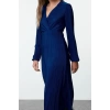Women Fashion Stylish Midi Length Double Breasted Regular Pleated Lined Wrap Flexible Knitted Dress