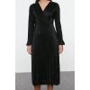 Women Fashion Stylish Midi Length Double Breasted Regular Pleated Lined Wrap Flexible Knitted Dress