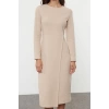 Women Fashion Stylish Midi Length Crew Neck Slim Plain Selanik Wrap Flexible Knitted Dress