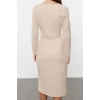 Women Fashion Stylish Midi Length Crew Neck Slim Plain Selanik Wrap Flexible Knitted Dress