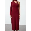 Women Fashion Stylish Midi Length Asymmetrical Collar Slim Plain Scarf Detailed Fitted Body-Smooth Flexible Knitted Dress