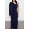 Women Fashion Stylish Midi Length Asymmetrical Collar Slim Plain Scarf Detailed Fitted Body-Smooth Flexible Knitted Dress