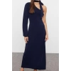 Women Fashion Stylish Midi Length Asymmetrical Collar Slim Plain Scarf Detailed Fitted Body-Smooth Flexible Knitted Dress