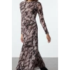 Women Fashion Stylish Maxi Length Crew Neck Regular Printed Gather Drape Knitted Dress
