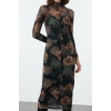 Women Fashion Stylish Maxi Length Stand Collar Slim Floral Ribbed Tulle Detailed Fitted Bodycon Knitted Dress