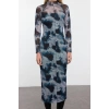 Women Fashion Stylish Maxi Length Stand Collar Slim Floral Ribbed Tulle Detailed Fitted Bodycon Knitted Dress