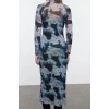 Women Fashion Stylish Maxi Length Stand Collar Slim Floral Ribbed Tulle Detailed Fitted Bodycon Knitted Dress