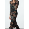 Women Fashion Stylish Maxi Length Stand Collar Slim Floral Ribbed Tulle Detailed Fitted Bodycon Knitted Dress