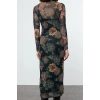Women Fashion Stylish Maxi Length Stand Collar Slim Floral Ribbed Tulle Detailed Fitted Bodycon Knitted Dress