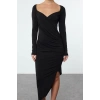Women Fashion Chic Midi Length Sweetheart Neck Slim Plain Gather Draped Asymmetric Fitted Bodycon Knitted Dress