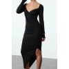 Women Fashion Chic Midi Length Sweetheart Neck Slim Plain Gather Draped Asymmetric Fitted Bodycon Knitted Dress