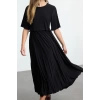 Women Fashion Stylish Midi Length Crew Neck Relaxed Pleated Skater Stretchy Knit Dress