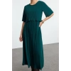 Women Fashion Stylish Midi Length Crew Neck Relaxed Pleated Skater Stretchy Knit Dress