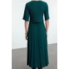 Women Fashion Stylish Midi Length Crew Neck Relaxed Pleated Skater Stretchy Knit Dress