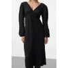 Women Fashion Stylish Midi Length Double Breasted Regular Plain Textured Wrap Collar Flexible Knitted Dress