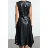 Women Fashion Stylish Midi Length Crew Neck Regular A Cut Sleeveless Faux Leather Woven Dress