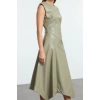 Women Fashion Stylish Midi Length Crew Neck Regular A Cut Sleeveless Faux Leather Woven Dress