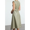 Women Fashion Stylish Midi Length Crew Neck Regular A Cut Sleeveless Faux Leather Woven Dress