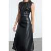 Women Fashion Stylish Midi Length Crew Neck Regular A Cut Sleeveless Faux Leather Woven Dress