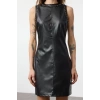 Women Fashion Stylish Mini Length Crew Neck Regular Faux Leather Trouser Fitted Body-Styling Woven Dress