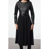 Women Fashion Stylish Midi Length Crew Neck Regular Belted Faux Leather Pleated A-Line Woven Dress