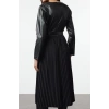 Women Fashion Stylish Midi Length Crew Neck Regular Belted Faux Leather Pleated A-Line Woven Dress