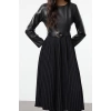 Women Fashion Stylish Midi Length Crew Neck Regular Belted Faux Leather Pleated A-Line Woven Dress