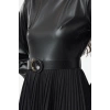 Women Fashion Stylish Midi Length Crew Neck Regular Belted Faux Leather Pleated A-Line Woven Dress