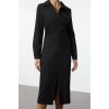 Women Fashion Stylish Midi Length Shirt Collar Regular Fitted Bodycon Woven Dress