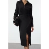 Women Fashion Stylish Midi Length Shirt Collar Regular Fitted Bodycon Woven Dress