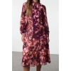 Women Fashion Stylish Midi Length V Neck Regular Floral Patterned A Cut Scarf Collar Lined Chiffon Woven Dress