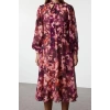 Women Fashion Stylish Midi Length V Neck Regular Floral Patterned A Cut Scarf Collar Lined Chiffon Woven Dress