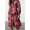 Women Fashion Stylish Midi Length V Neck Regular Floral Patterned A Cut Scarf Collar Lined Chiffon Woven Dress