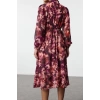 Women Fashion Stylish Midi Length V Neck Regular Floral Patterned A Cut Scarf Collar Lined Chiffon Woven Dress