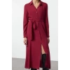 Women Fashion Stylish Midi Length Shirt Collar Relaxed Belted Viscose Woven Dress