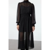 Women Fashion Stylish Midi Length Stand Collar Regular Plain Waist Open Gathered Chiffon Lined Woven Dress