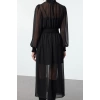 Women Fashion Stylish Midi Length Stand Collar Regular Plain Waist Open Gathered Chiffon Lined Woven Dress