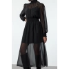 Women Fashion Stylish Midi Length Stand Collar Regular Plain Waist Open Gathered Chiffon Lined Woven Dress