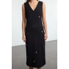 Women Fashion Stylish Midi Length V Neck Regular A Cut Stone Embroidered Vest Woven Dress