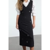 Women Fashion Stylish Midi Length V Neck Regular A Cut Stone Embroidered Vest Woven Dress
