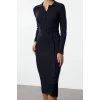 Women Fashion Stylish Midi Length Polo Neck Regular Belted Knit Dress