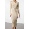 Women Fashion Stylish Midi Length Polo Neck Regular Belted Knit Dress