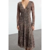 Women Fashion Stylish Midi Length V Neck Regular Animal Knitted Dress