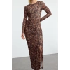 Women Fashion Stylish Midi Length Crew Neck Slim Gather Drape Detail Knitted Dress