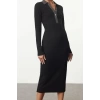 Women Fashion Midi Length Button Down Collar Slim Color Block Bodycone Fitted Snap Detail Knit Dress